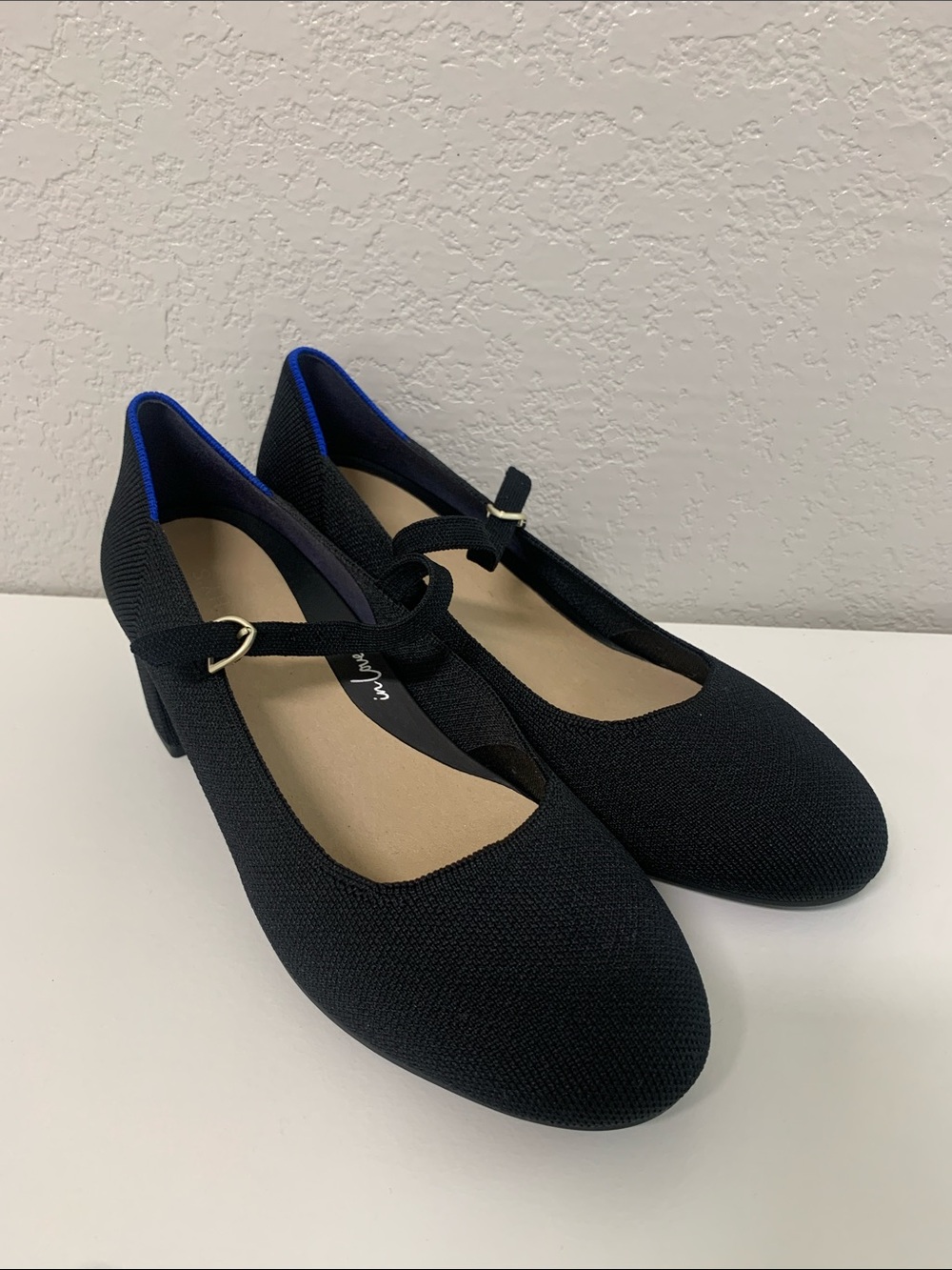 Rothy's Black Mary Jane Heels with Blue Trim